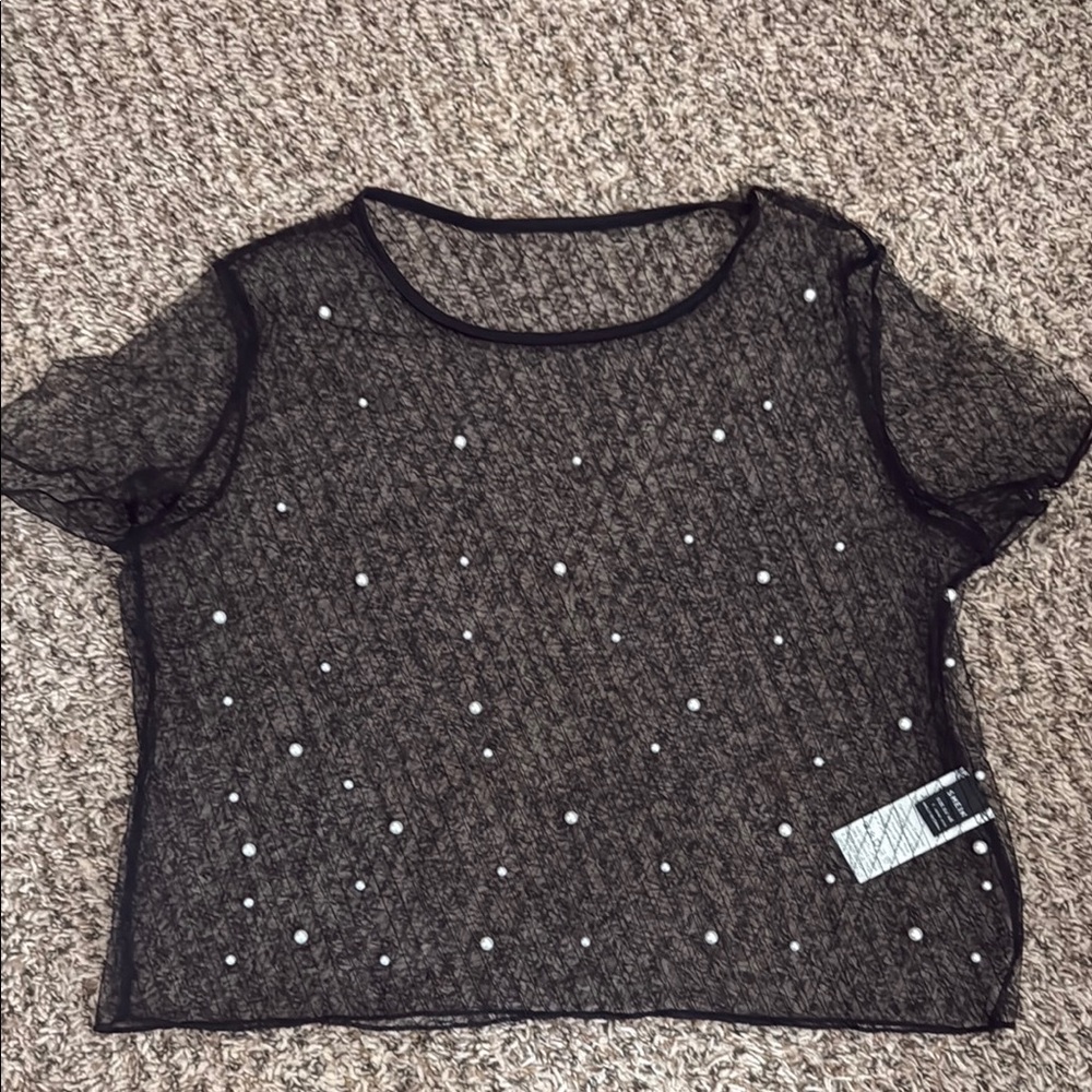 Black Sheer Top with Pearl Accents
